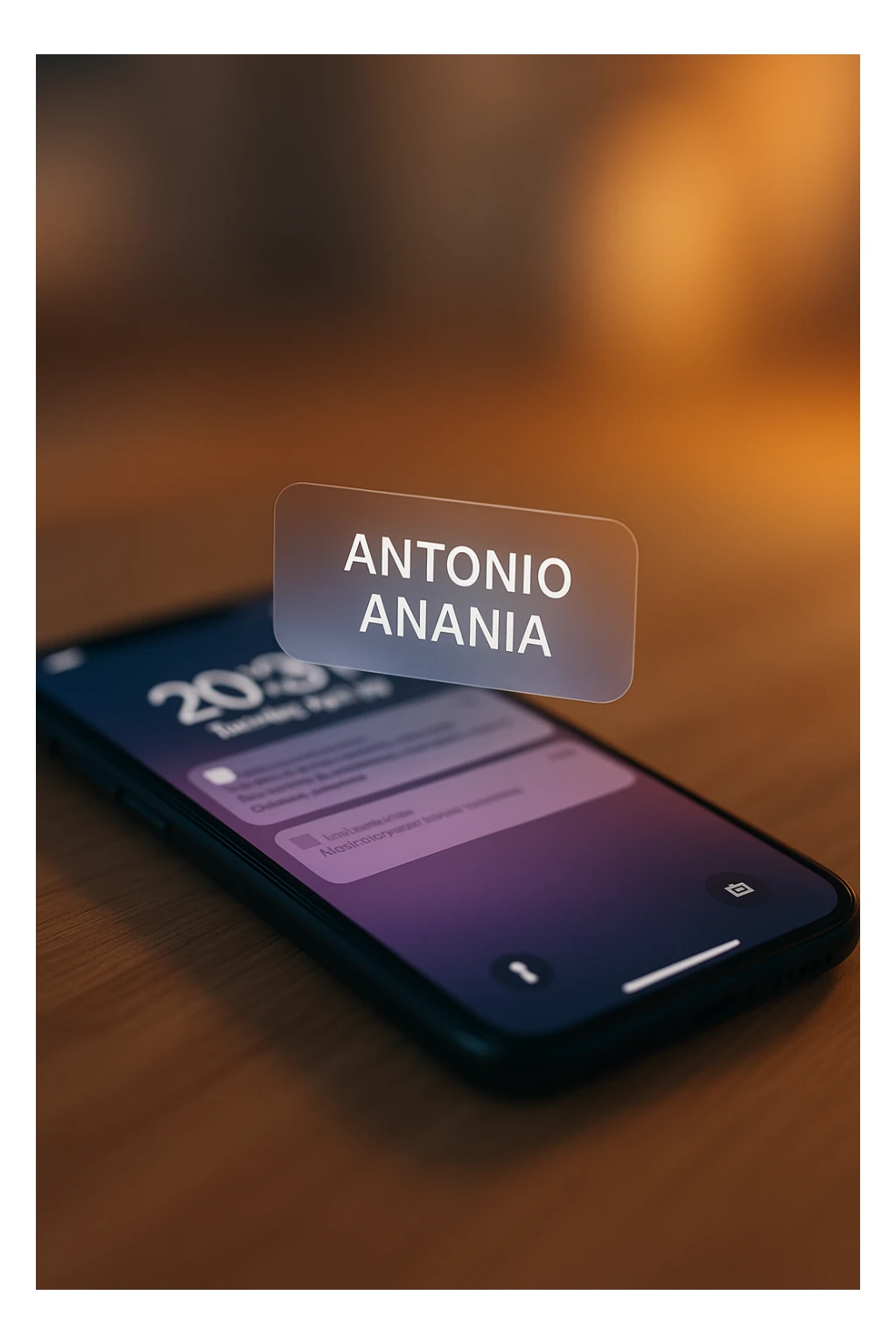 A photo of an iPhone with the message "Antonio Anania" on its screen, both surrounded by soft light and shadow. The phone sits atop a desk with a blurred background that suggests work environment. A faint glow from above casts gentle shadows across the surface of each object, creating depth and highlighting their textures. sticker