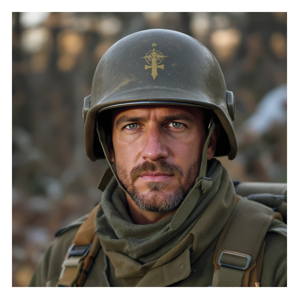 WW2 commander helmet, realistic military style, olive drab color, detailed sticker