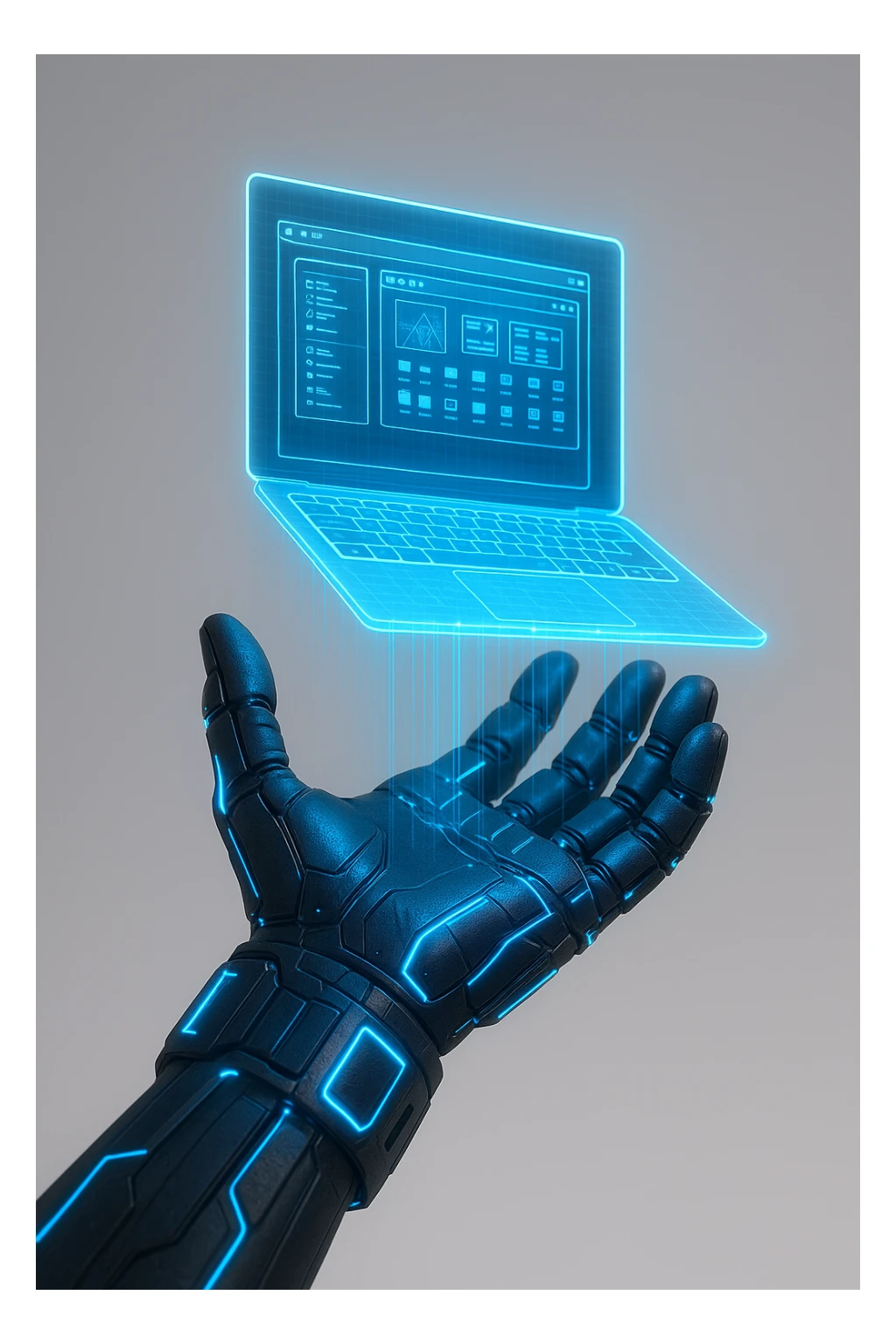 a high tech glove projecting a hologram of a computer, futuristic, glowing details, clean background sticker