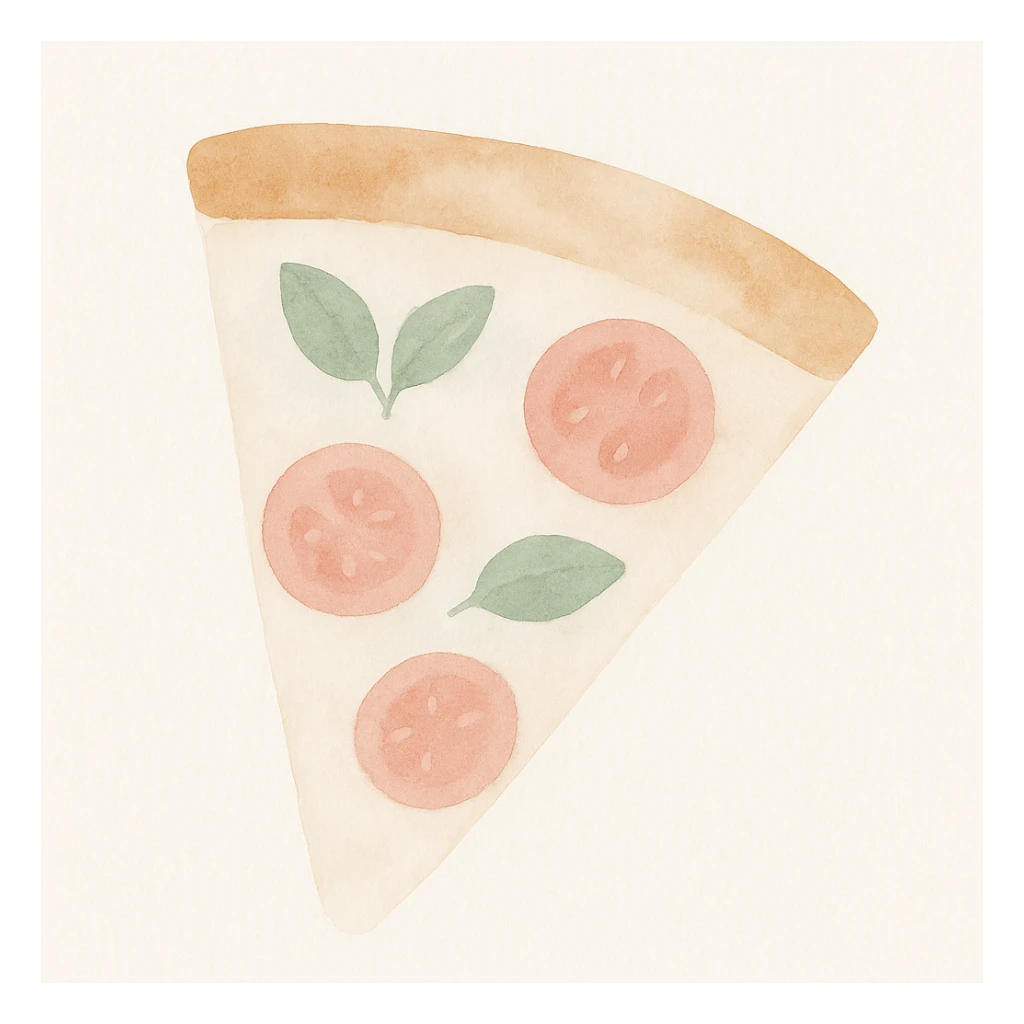 Pizza slice in watercolor style with white, green, and pink pastel tones sticker