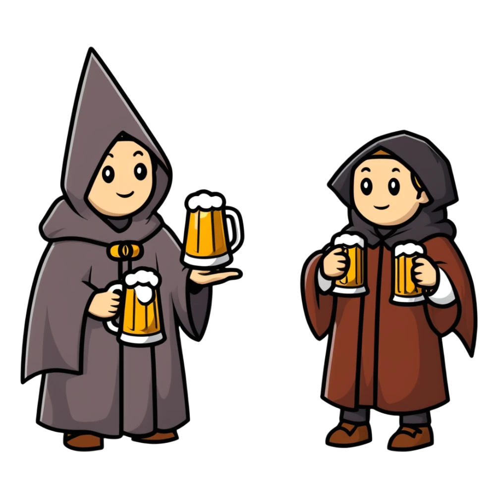 group of medieval pilgrims with cloaks and beer bottles sticker