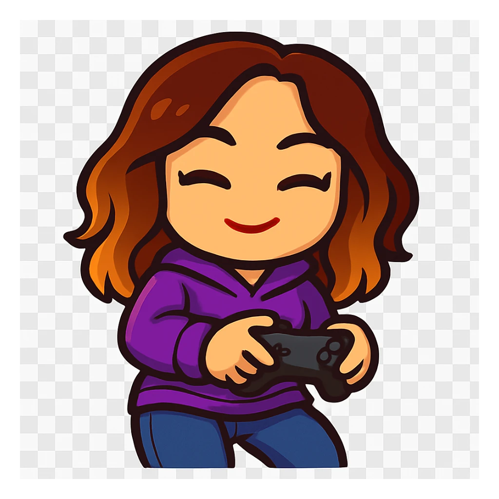 Update this chibi emote to remove the headband and change the outfit to a cute purple hoodie and jeans, holding a game controller in a gaming pose sticker