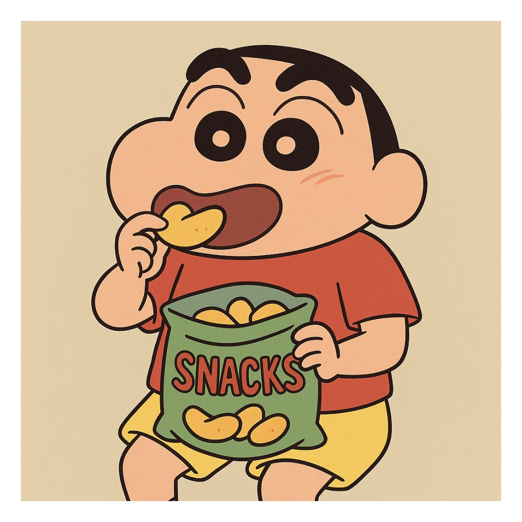 Shin Chan character, eating snacks, cheerful mood sticker