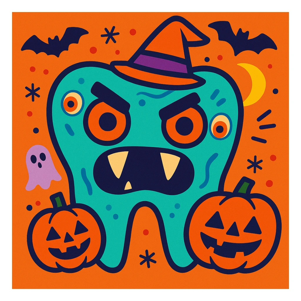 colorful and fun illustration of a tooth with Halloween theme, featuring spooky details like fangs, eyes, and pumpkin decorations sticker