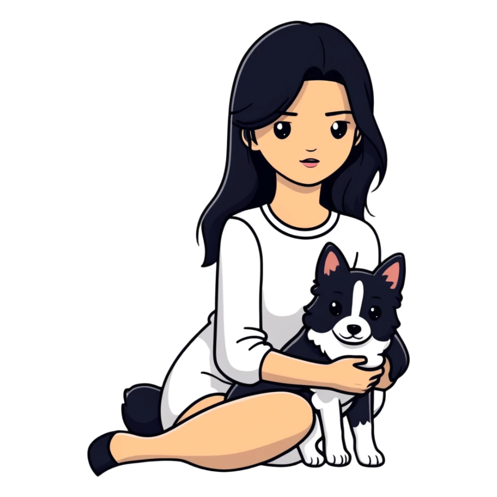 Kendall Jenner with long black hair holding a black Cane Corso dog sticker