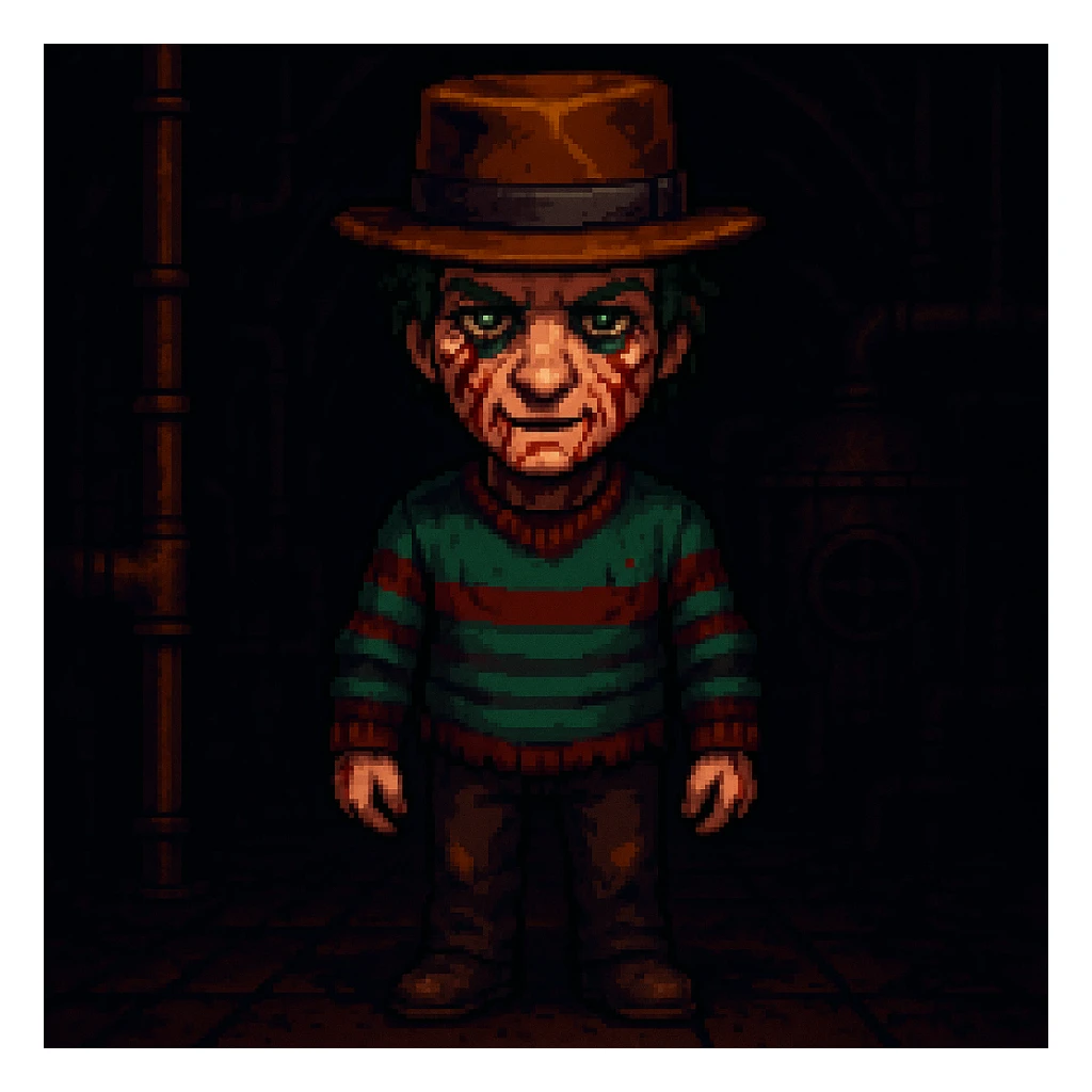 Add a spooky, nightmarish background with a boiler room and dark shadows behind Freddy Krueger, keep pixel art style sticker