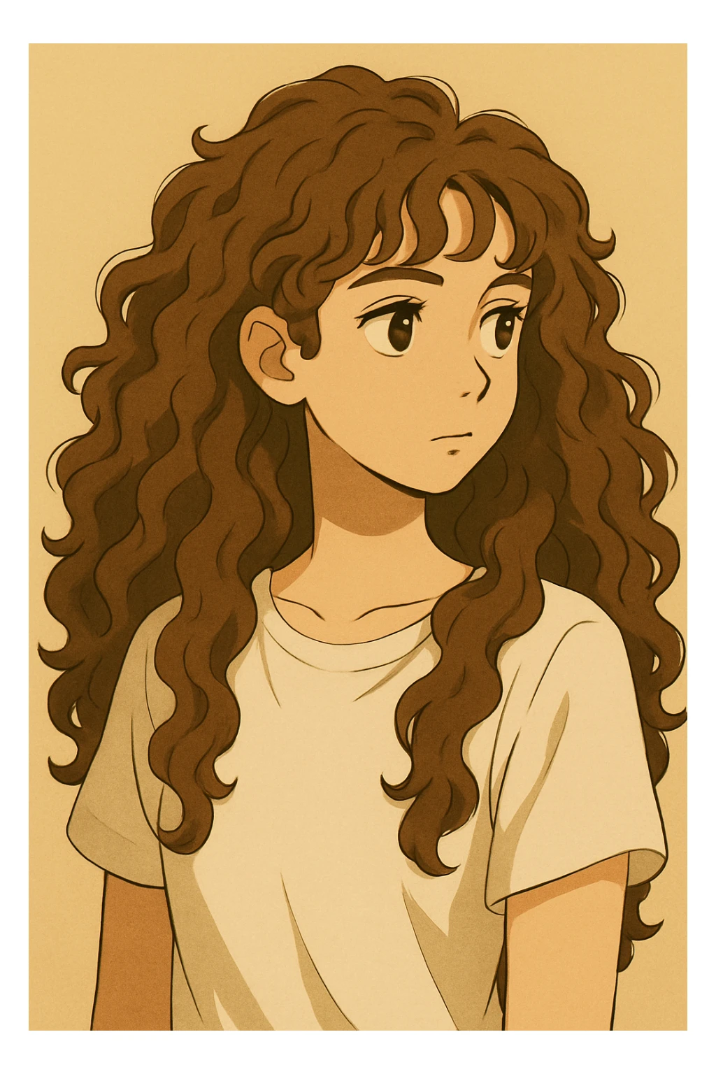 Make the hair much longer, with 3b-3c brown hazelnut curls, keeping the same style and expression, upper body, plain background, in a style consistent with the original images. sticker