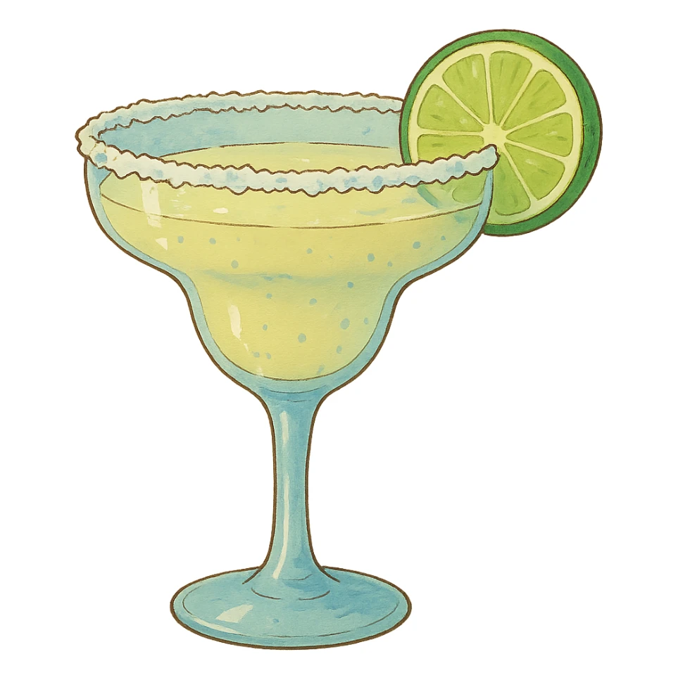 a margarita glass with salt rim and lime, ghibli style sticker