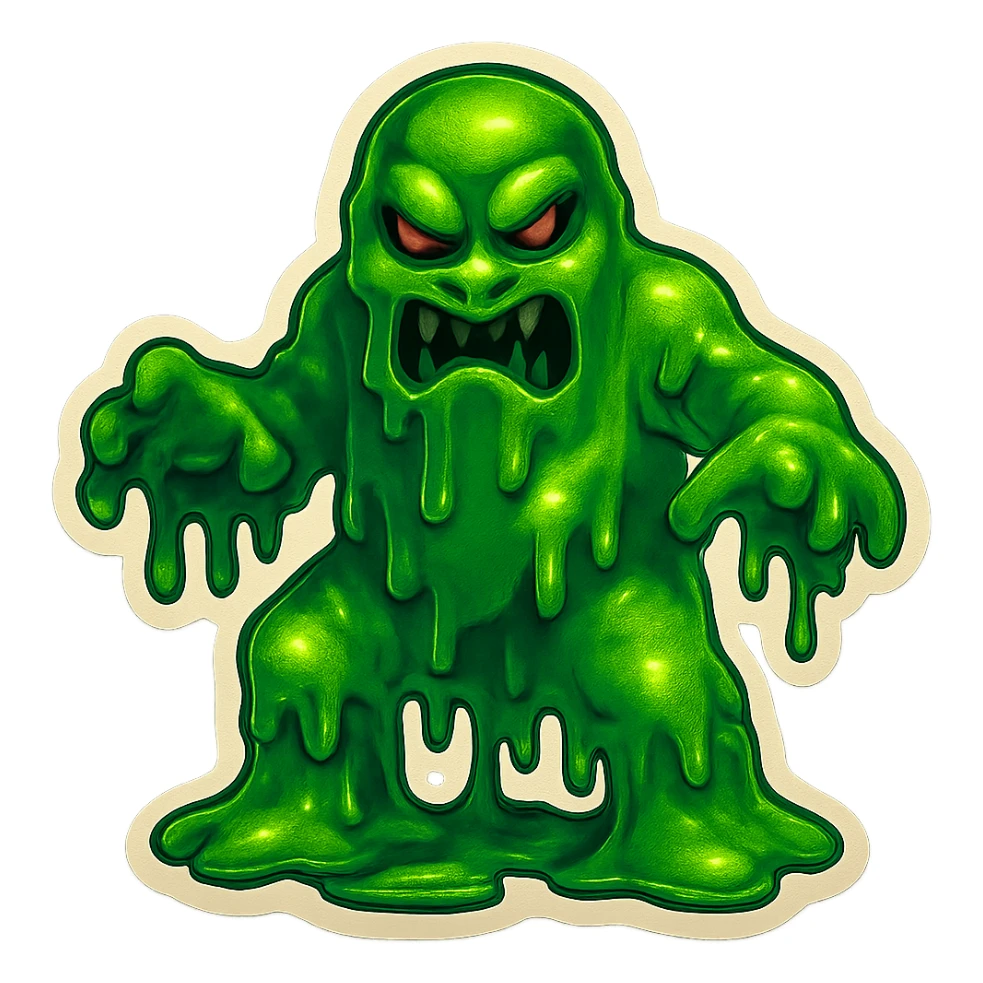 Slime monster. green slime. scary sinister. slime attacks. show full body. more dripping slime. talk humanoid slime creature. sinsiter and scary...green slime sticker