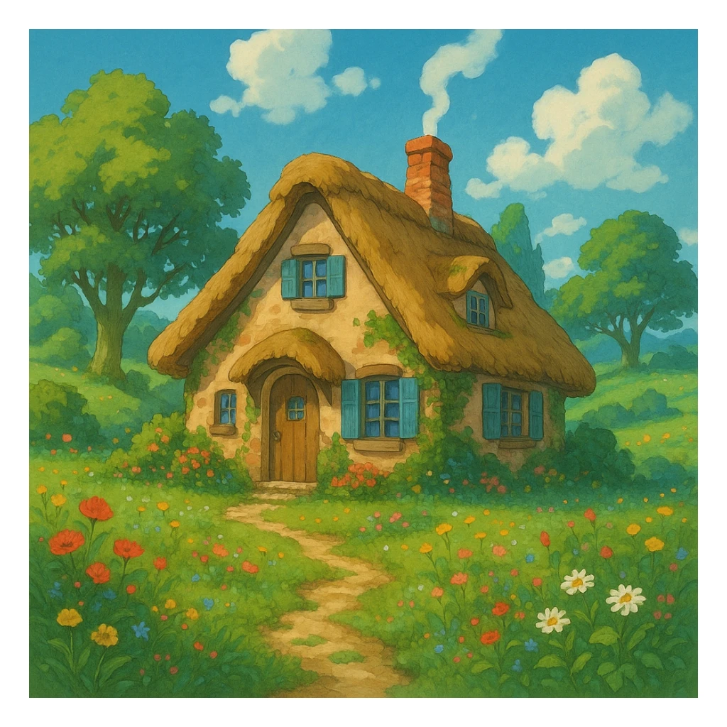 a cozy cottage in a magical landscape, ghibli style sticker