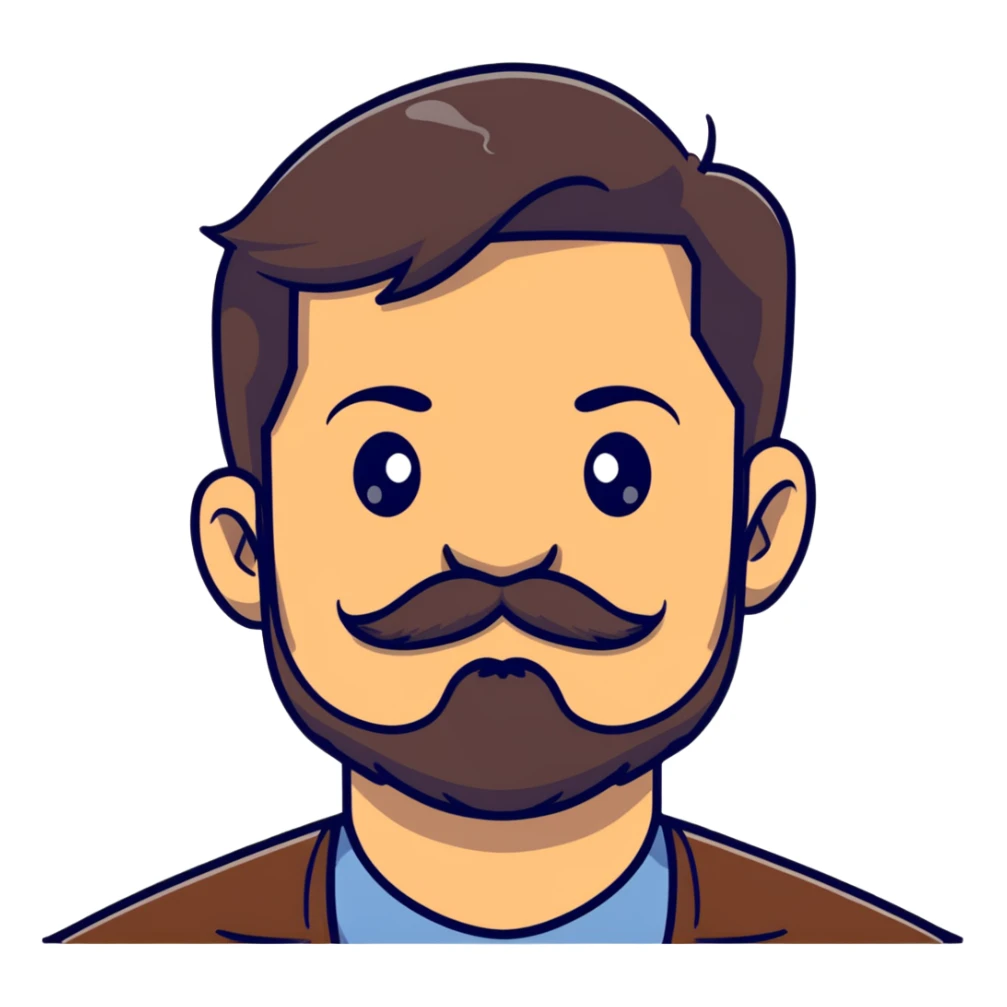 close-up of man face only with mustache and beard, medium eyes, medium light skin tone, dark hair, no neck visible, just the face sticker