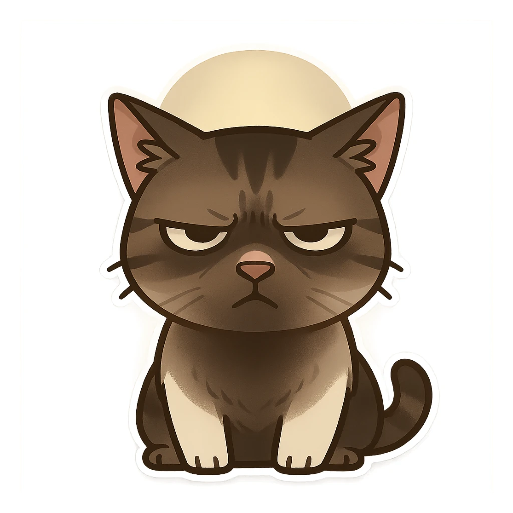 A cat with an impatient expression, frowning and squinting eyes. The light from above is shining vertically, and the face is in the shadow, making the cat's face more serious. sticker