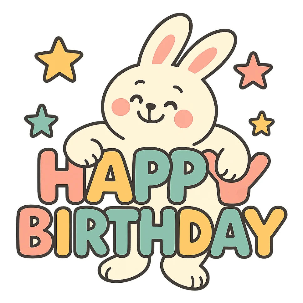 bunny hugging "Happy Birthday" letters with stars, pastel-toon style sticker