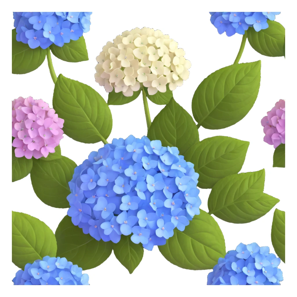 Highly detailed realistic hydrangea flower showing natural texture of many small flowers in a cluster, subtle color variations, and authentic leaf structure sticker