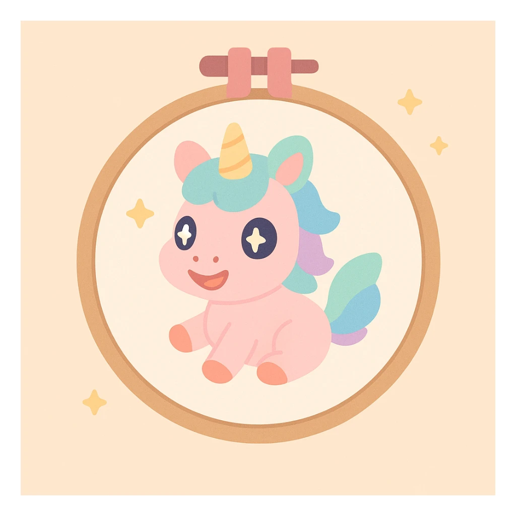 an embroidery frame with a magical creature embroidered, Animal Crossing style, soft colors, cute and cozy sticker