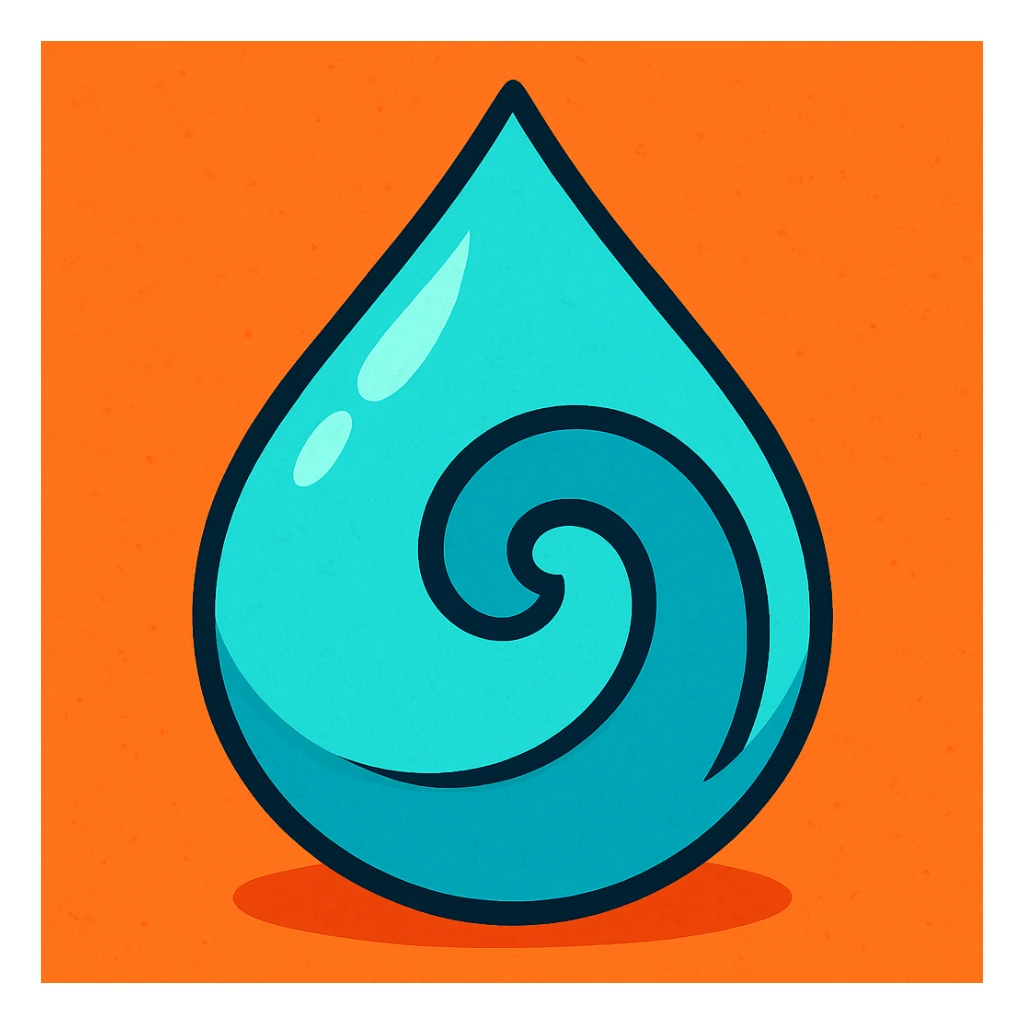 cyan water drop with an abstract cut out swirl, vibrant toon style sticker
