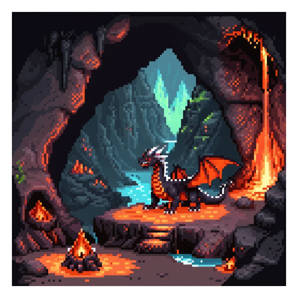 Dragon lair in volcanic cave with lava pools and glowing crystals sticker