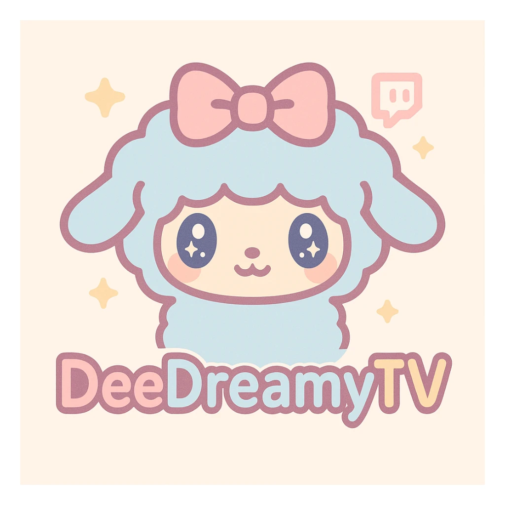 Twitch channel logo featuring DeeDreamy, the cute blue and pink Sanrio lamb, pastel color palette, kawaii style, big sparkling eyes, fluffy wool, bow, with the text 'DeeDreamyTV' in playful rounded font, Twitch branding elements included sticker