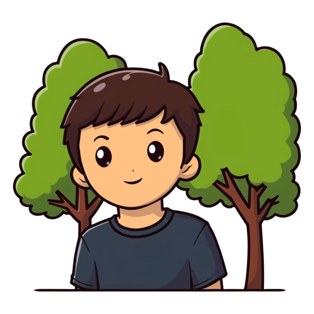 boy with straight short brunette hair brown eyes and tree behind sticker