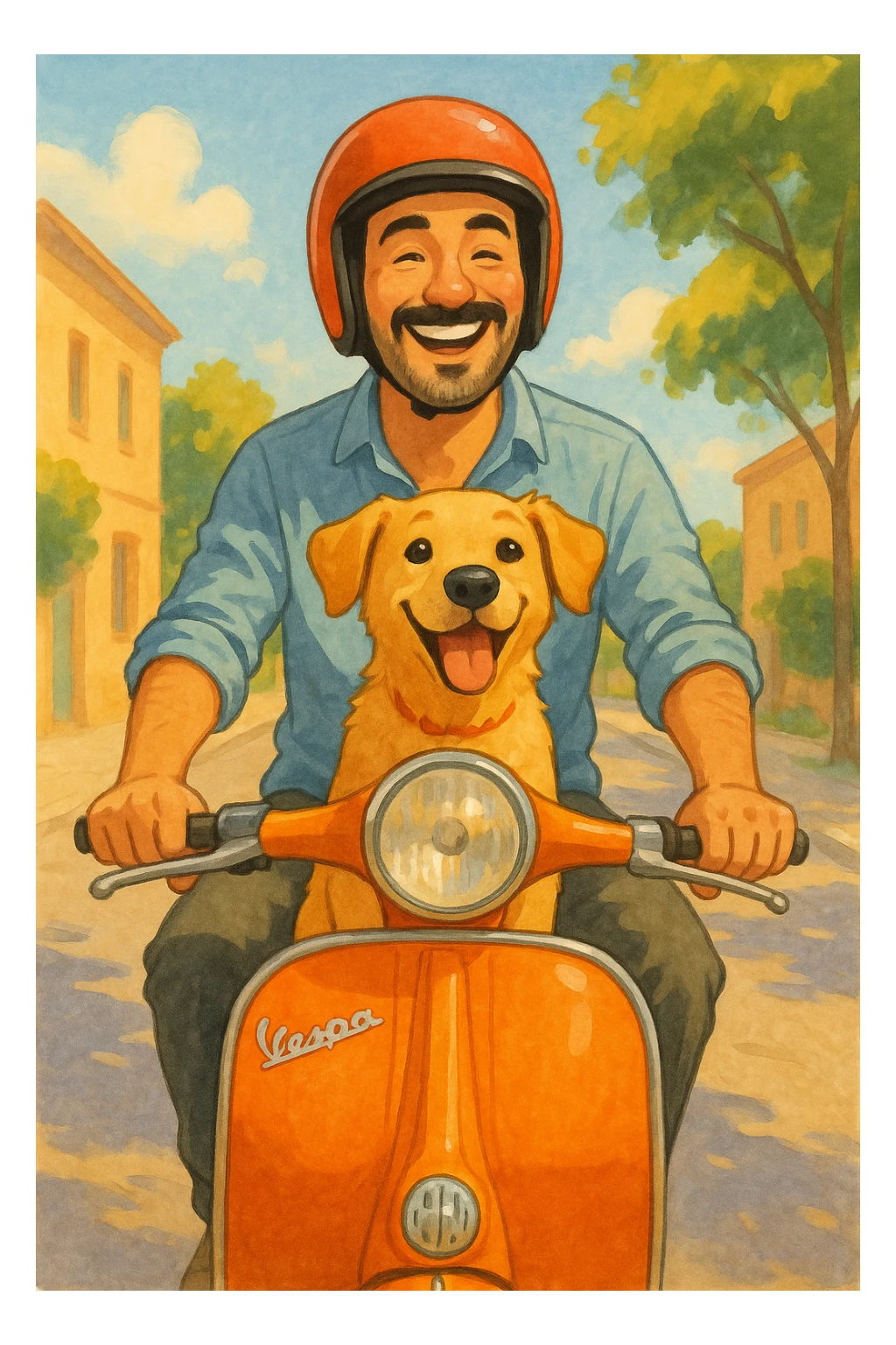 man and his pet dog riding a vespa sticker