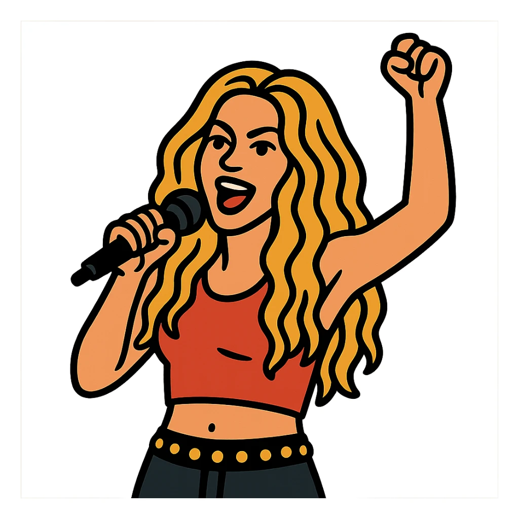 Shakira in flat toon style, bold lines, energetic sticker