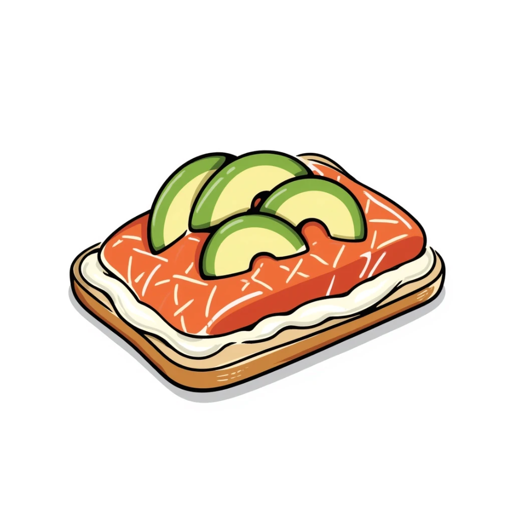 salmon open toast with white sauce and avocado sticker