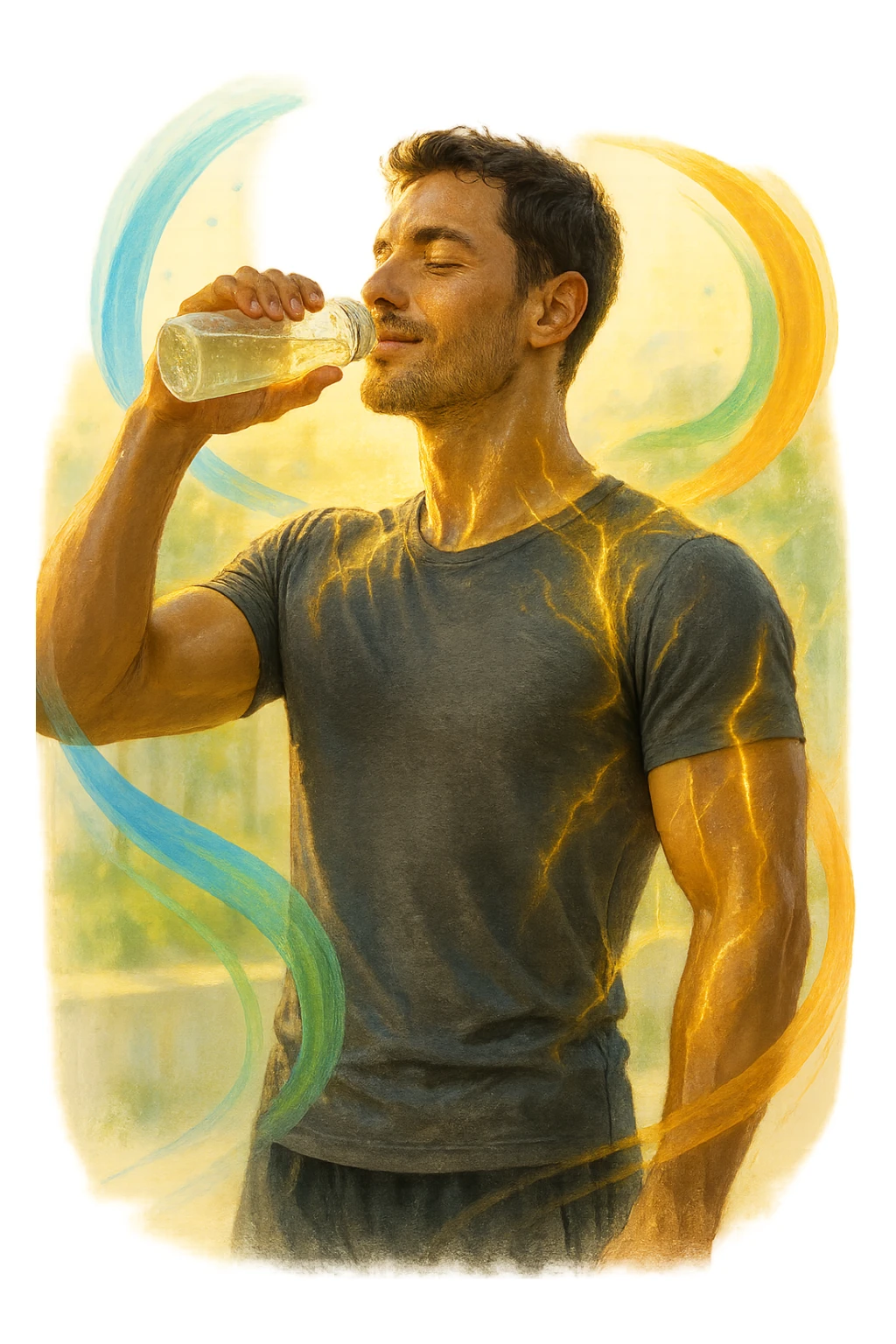Uomo atletico sui 30 anni, al mattino presto, mentre beve una bevanda trasparente ricca di elettroliti da una borraccia. Il suo corpo è illuminato da una luce naturale dorata e mostra una leggera aura energetica attorno ai muscoli, simbolo di rigenerazione e recupero. Espressione rilassata e vitale, pelle idratata e luminosa. Intorno a lui flussi leggeri e colorati (blu, verde, arancio) rappresentano il bilanciamento degli elettroliti: sodio, potassio, magnesio. Ambiente naturale o cucina moderna minimalista. Atmosfera positiva, pulita e rinvigorente. sticker