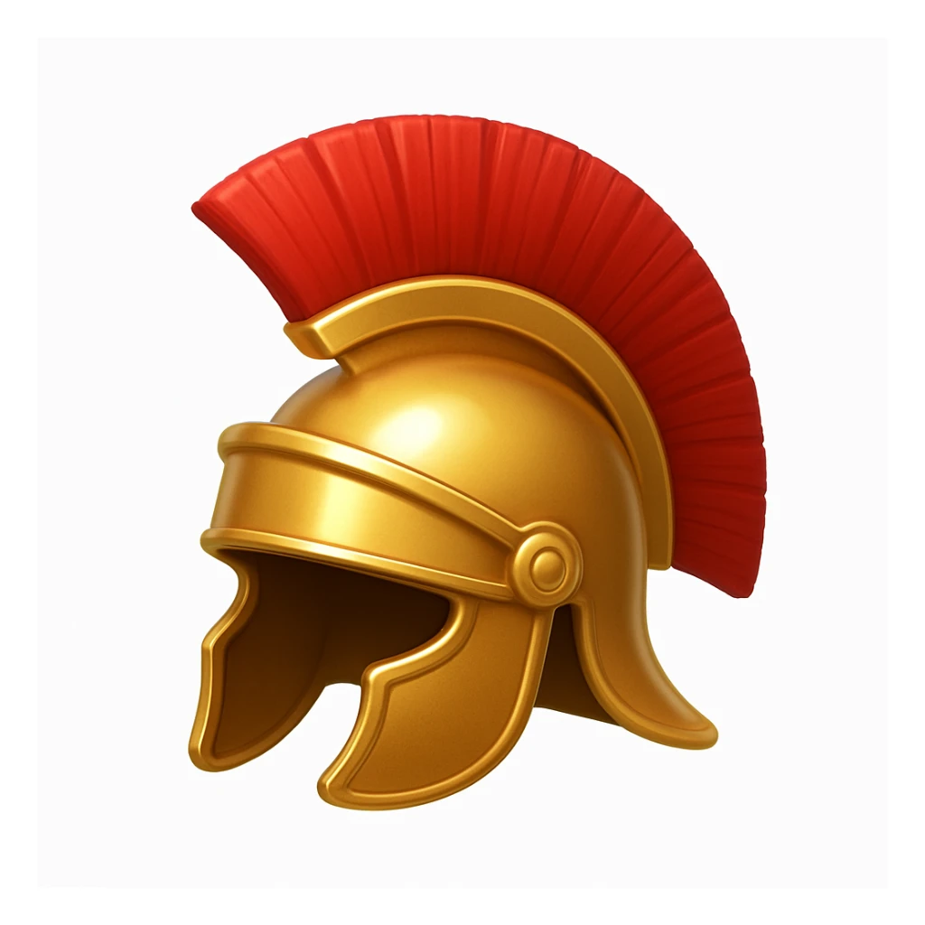 Make a helmet emoji exactly like the helmet in the reference image, in iOS emoji style. Roman helmet, gold with red crest, shiny and smooth. Add a subtle highlight. sticker