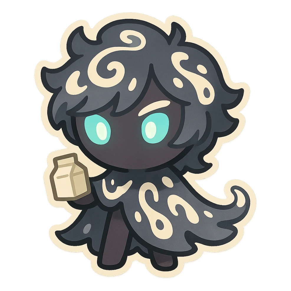 Chibi version of Shadow Milk Cookie, featuring a tiny body, large head, glowing eyes, and whimsical milk patterns sticker