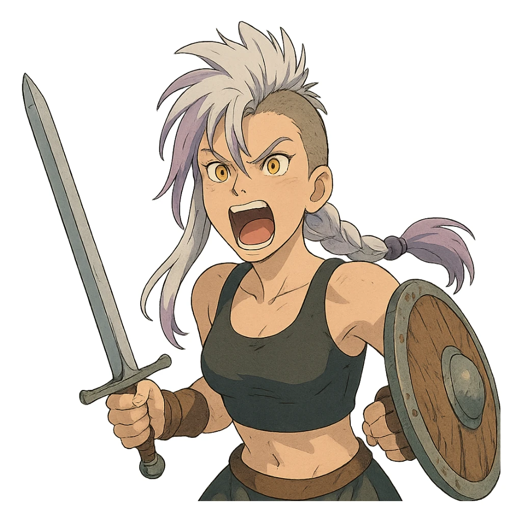 A sword maiden, mohawk, long braid white hair with lavender and tips long messy bangs one side, gold yellow eyes, black crop top, brandishing an arming sword and a shield, roaring! rah! sticker