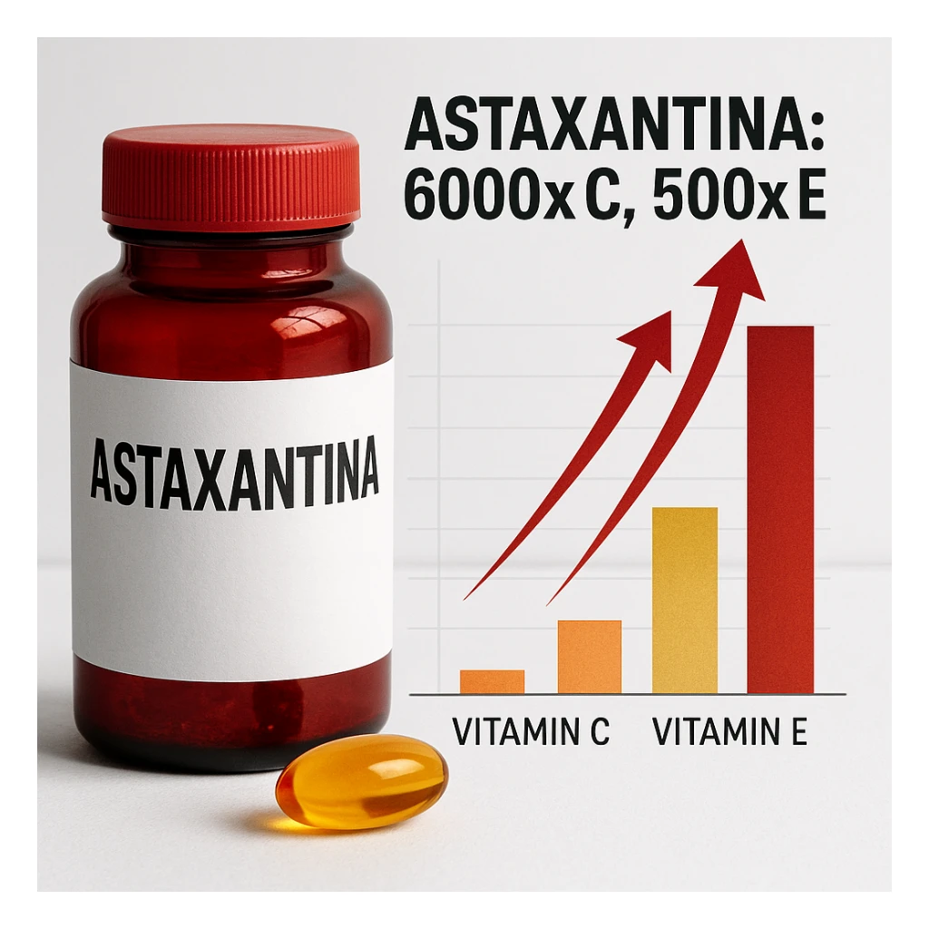 hyper realistic Astaxantina with bar chart and arrows showing superiority over vitamin C and vitamin E, red bottle, orange and golden capsule, text 'Astaxantina: 6000x C, 500x E', scientific atmosphere, white background sticker