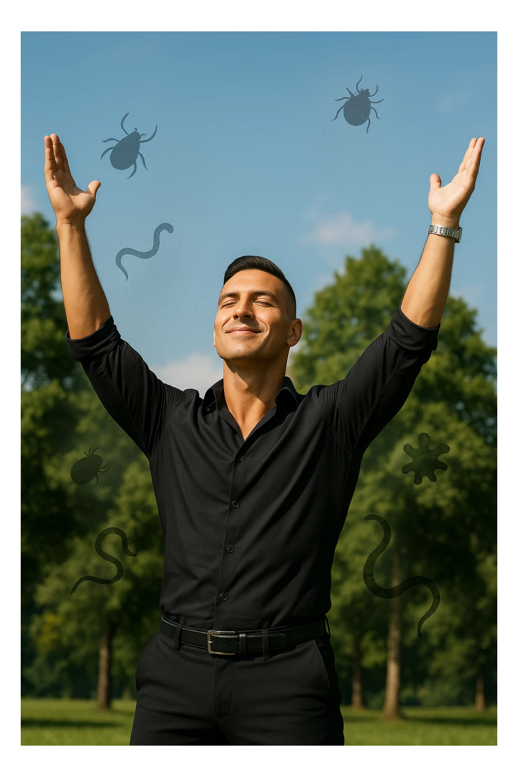 a man stands outdoors in bright sunlight, arms raised in relief and joy, while faint, shadowy silhouettes of parasites fall away from his body and dissolve into the air. His posture is upright and energetic, his expression serene and healthy. The background features green trees and a clear sky, emphasizing liberation and restored well-being. sticker
