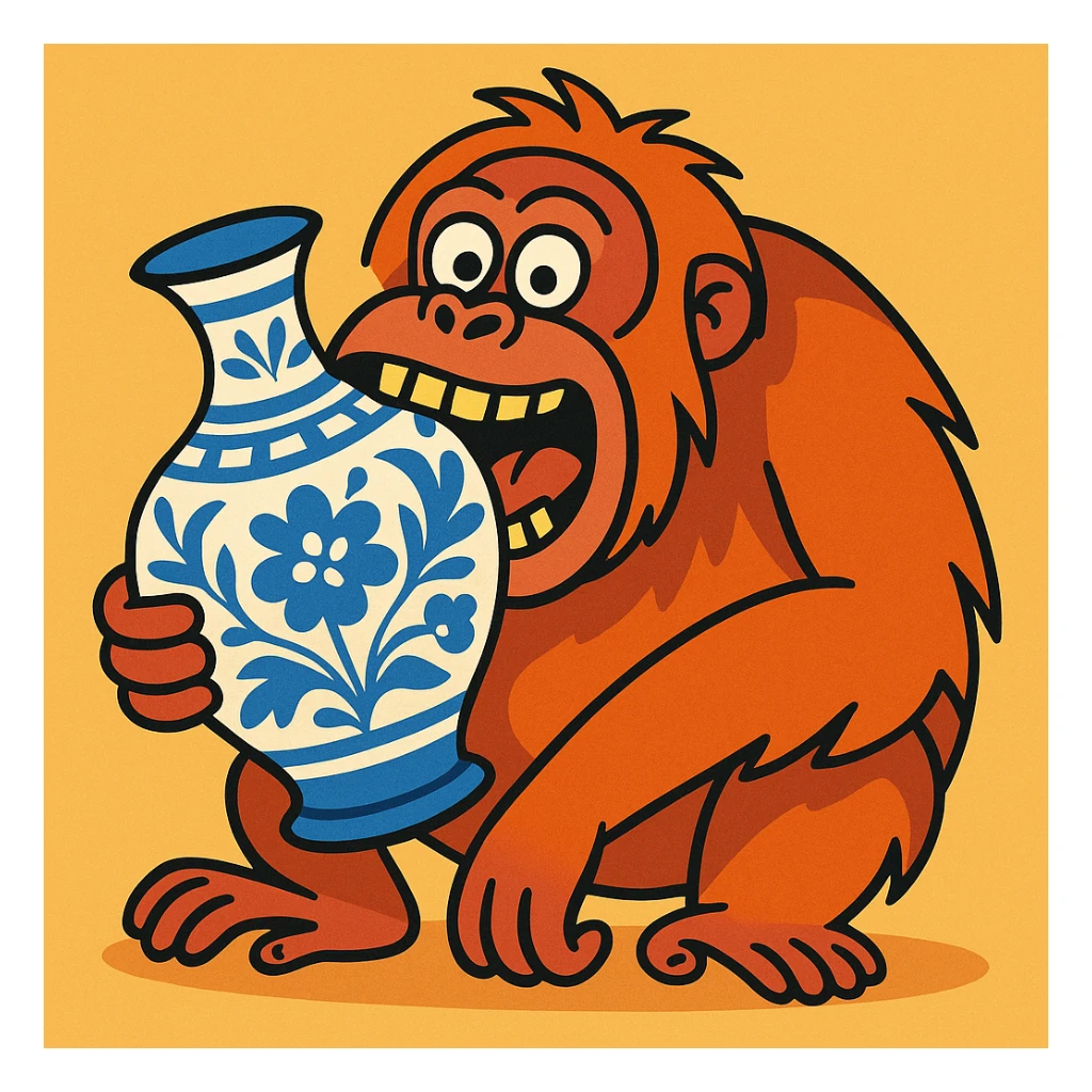 humorous style orangutan biting a blue and white china vase sticker