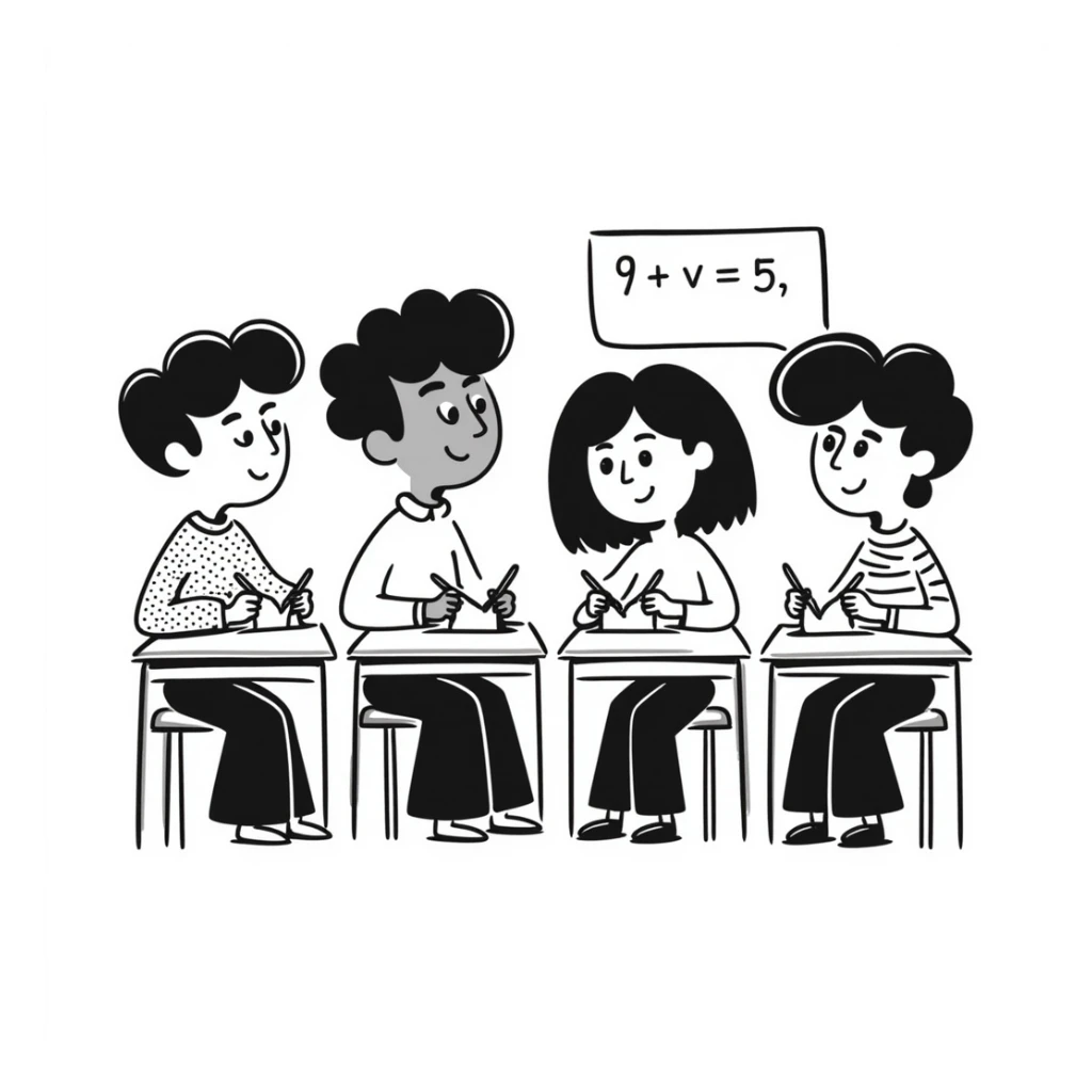 4 students, two boys and two girls, taking notes, classroom, hand drawn style, warm atmosphere, neutral background sticker