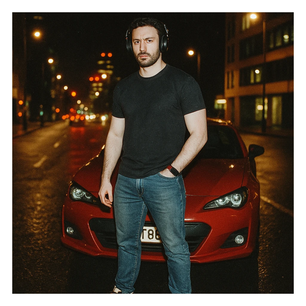 Grunge-style analog photo, London 2025, person inspired by the reference image standing in front of a Nissan GT 86, model pose, black t-shirt, jeans, Nike Air Jordan low, using flash, city lights, analog grain, 8/8. sticker