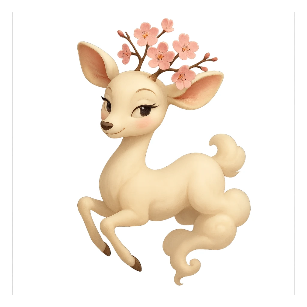 Pixar style graceful feminine vanilla cloud doe, rosy cheeks, cherry blossom head, floating elegantly, confident charming presence, subtly alluring but not explicit sticker