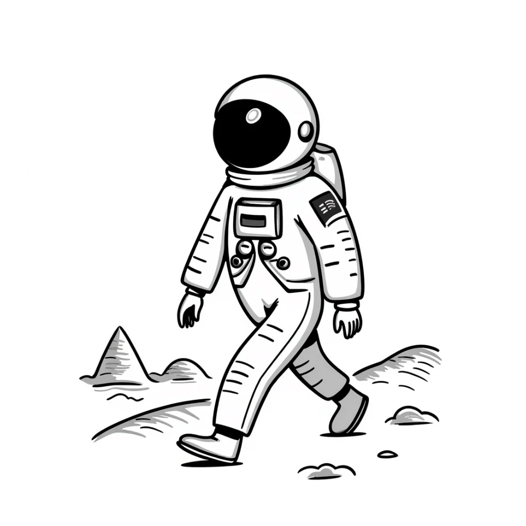 Cosmonaut walking on a planet surface, wearing a spacesuit with Russian flag, light hair and light skin visible through helmet sticker