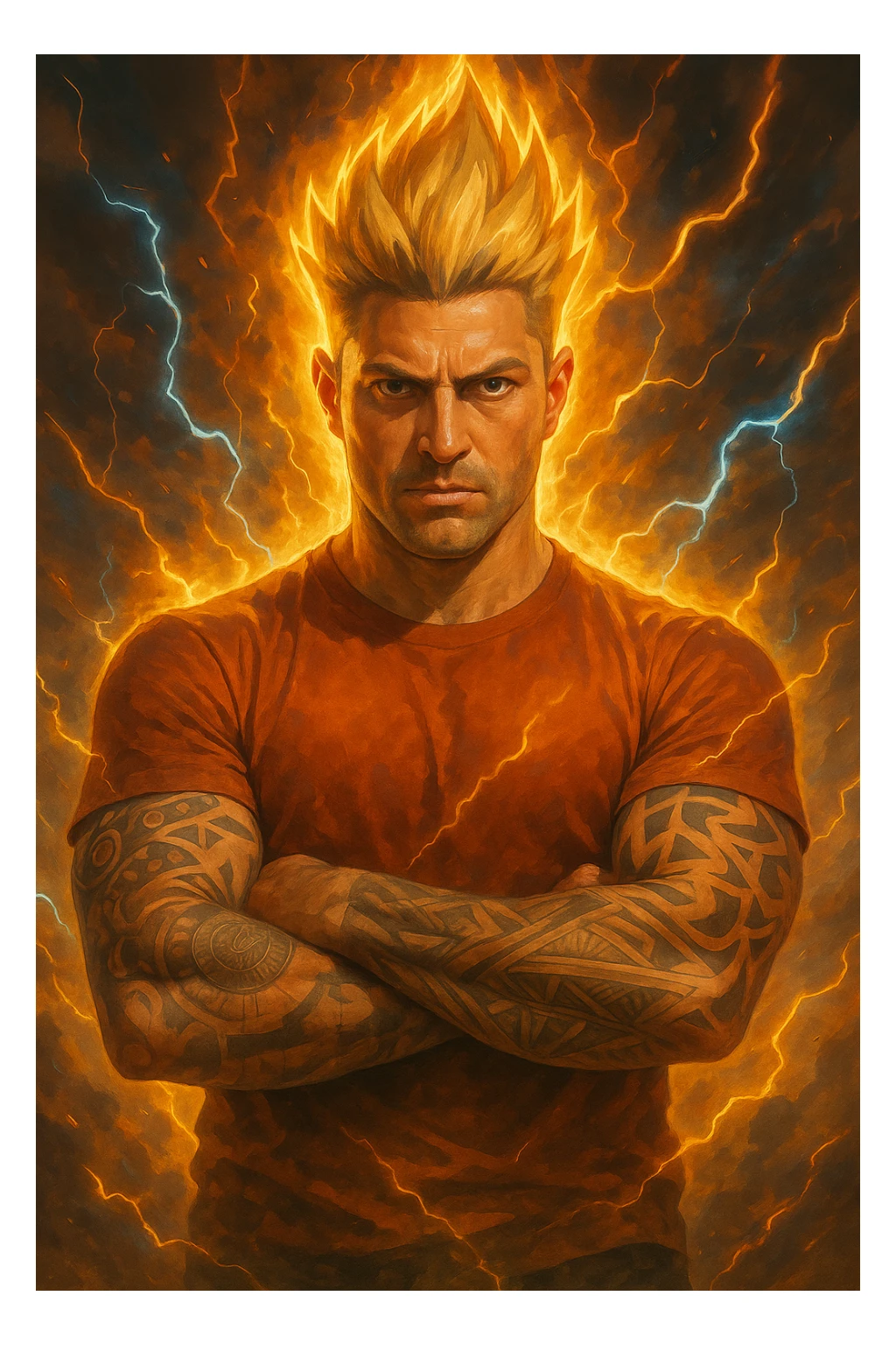 a muscular man with spiky hair stands in a powerful pose, surrounded by a glowing, fiery aura reminiscent of Goku’s Super Saiyan transformation. His eyes are intense and determined, and his body radiates energy and confidence. Lightning bolts and energy waves crackle around him, symbolizing a surge of testosterone and vitality. The background is dramatic, with swirling clouds and vibrant colors. sticker