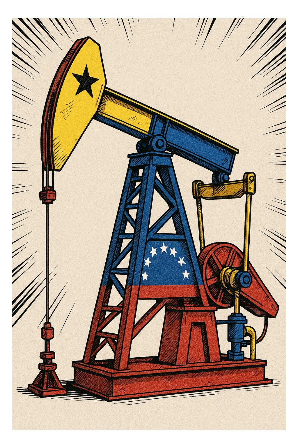 Сгенерируй мне нефтекачалку на однородном фоне, расскрашенную во флаг венесуэлы, в стиле японского комикса sticker