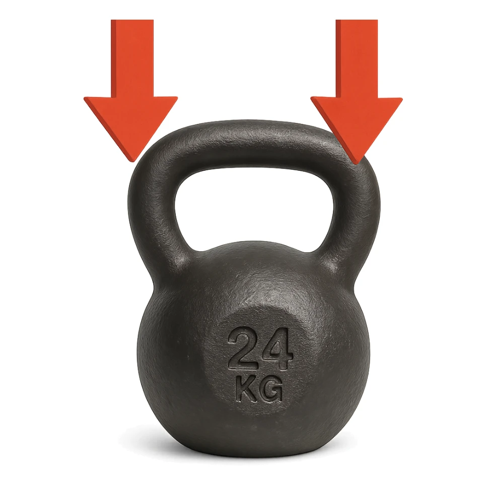realistic kettlebell weight with large red arrows pointing down to indicate overload, isolated on white background sticker