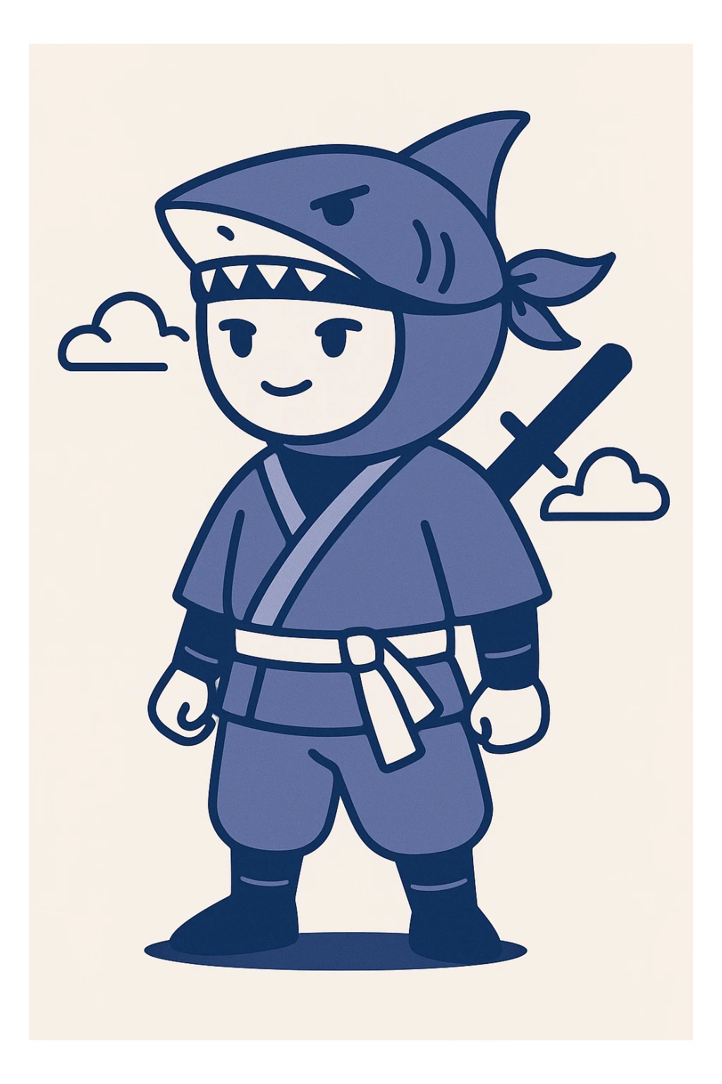 shark-themed ninja character inspired by DeepSeek, blending shark features like fin and sharp teeth with modern ninja outfit, DeepSeek branding colors sticker