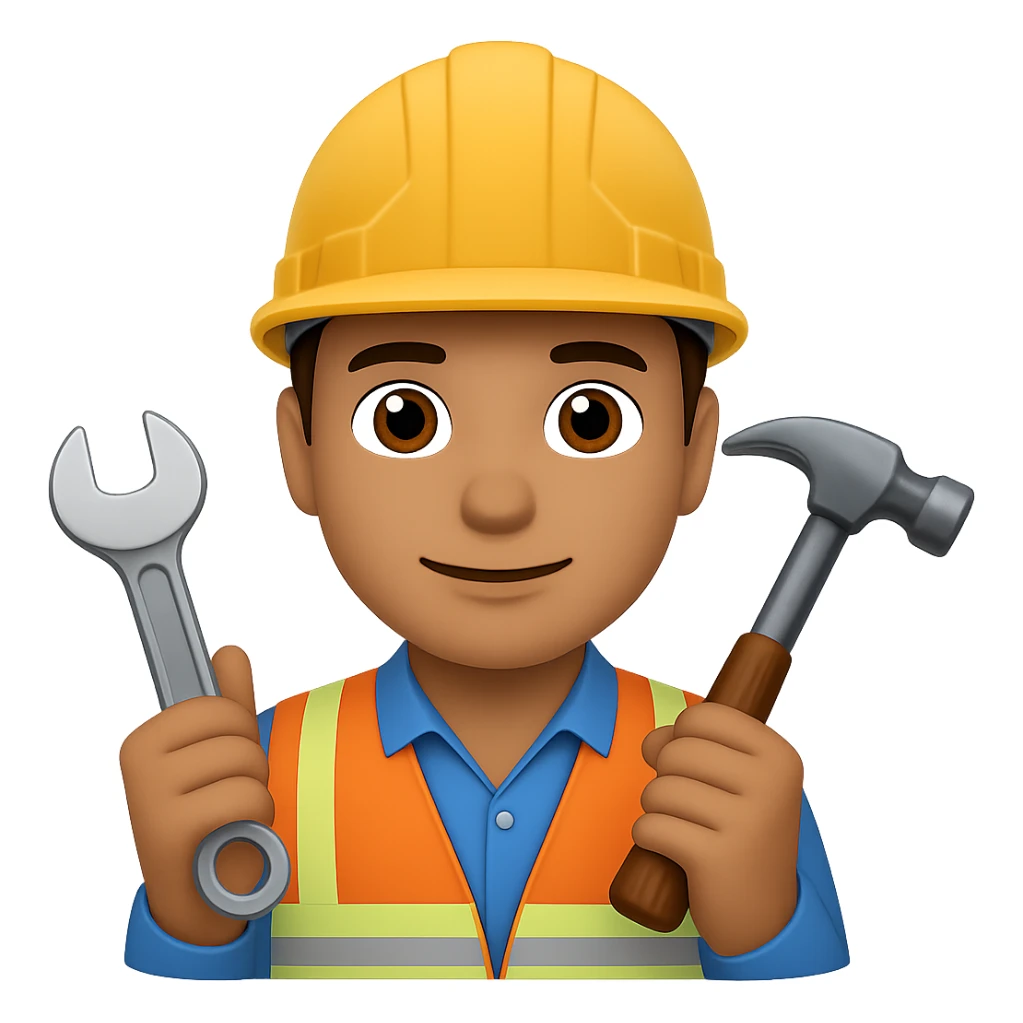Add construction tools like a wrench and hammer to the civil engineer wearing hard hat in the style of apple emojis with no background. sticker
