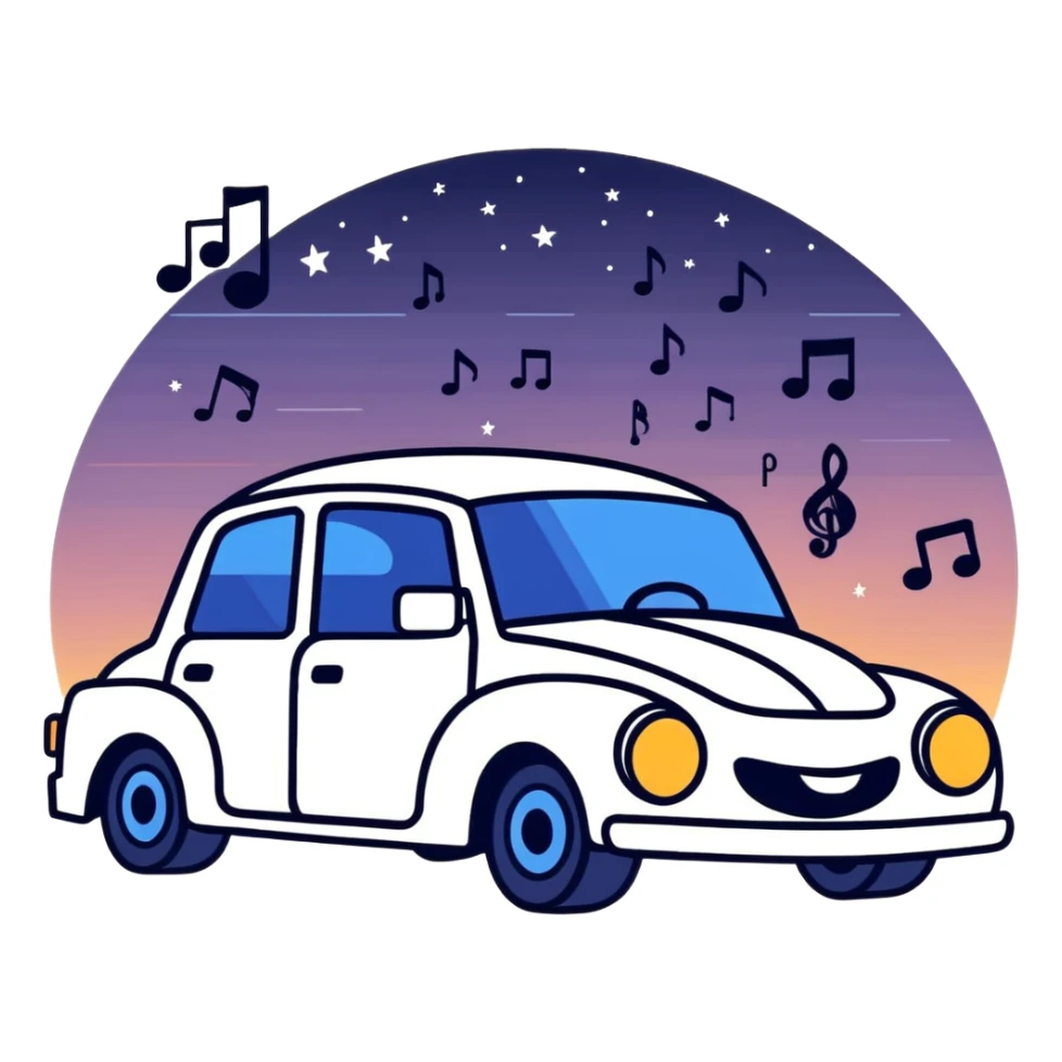 Car with music notes going out of it and it’s night sticker