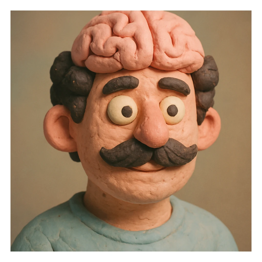 Enhance the claymation man wearing a brain by adding more depth and dimension to the image. Make him more attractive, inspired by the first version, with dark curly hair, thick mustache, light skin, claymation style, visible fingerprints, and pastel colors. sticker