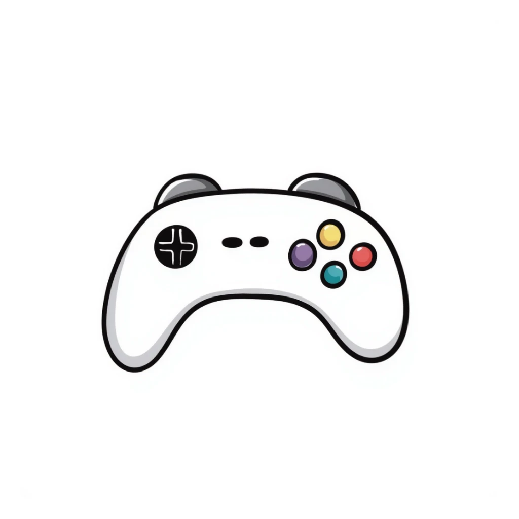 A video game controller/joystick with buttons and D-pad in pastel colors (dd9fb0, ffc6d3, a3bfc9, c4bee2, f1b091), hand-drawn doodle style sticker