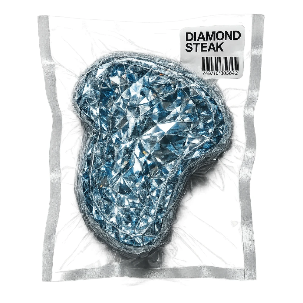 steak made of diamond, glossy and puffy, vacuum-sealed style sticker