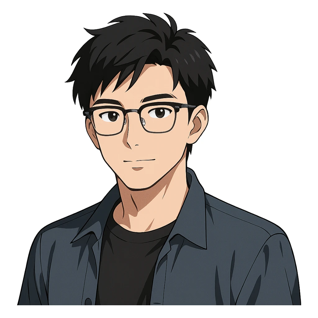 anime style Asian male, mid-20s, Ray-Ban half frame glasses sticker