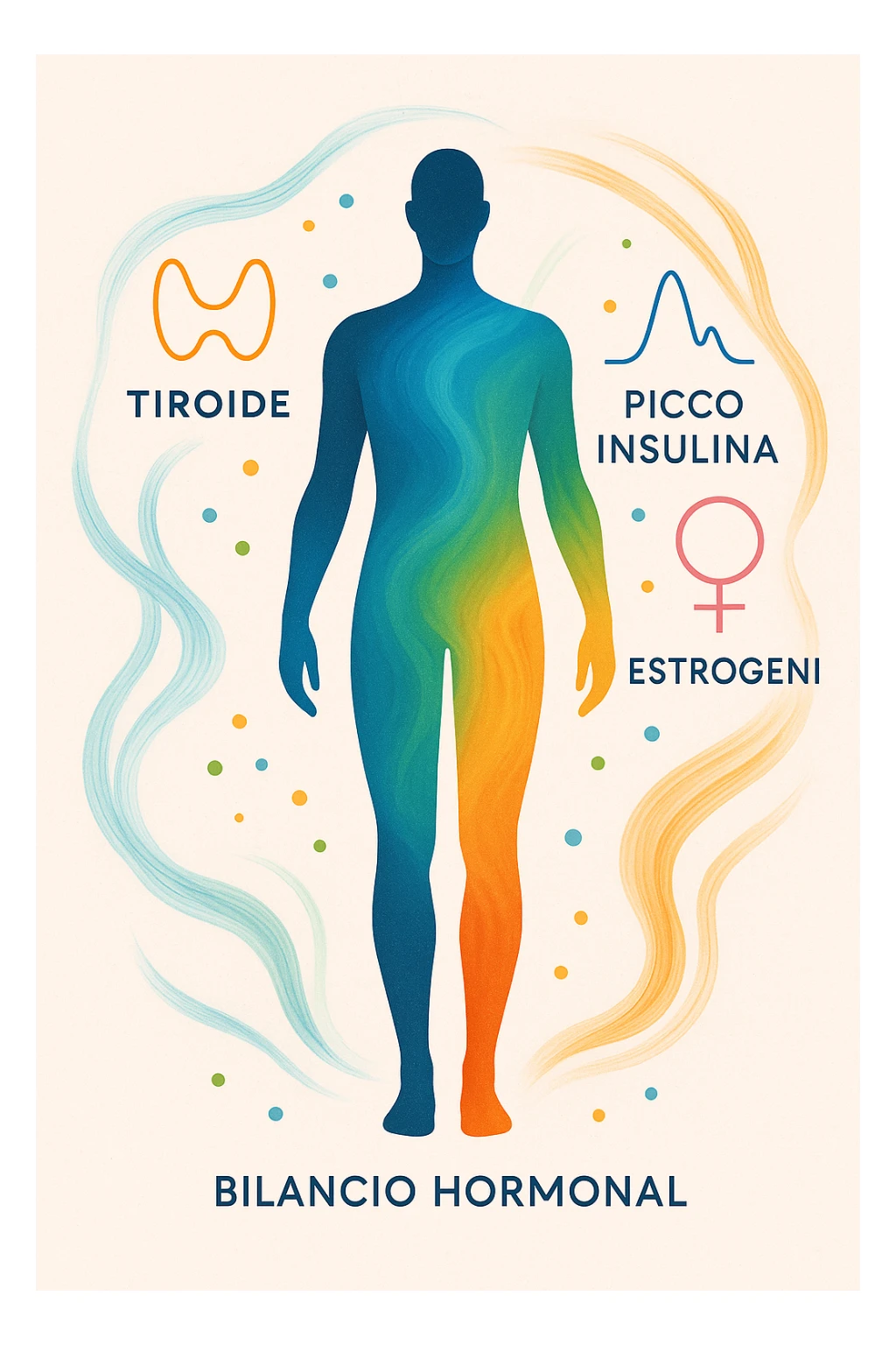 Il corpo è circondato da simboli delicati e bilanciati che rappresentano equilibrio ormonale e metabolico: piccoli cerchi, flussi energetici colorati, simboli stilizzati di tiroide, picco insulina, estrogeni. 4k immagine in italiano sticker