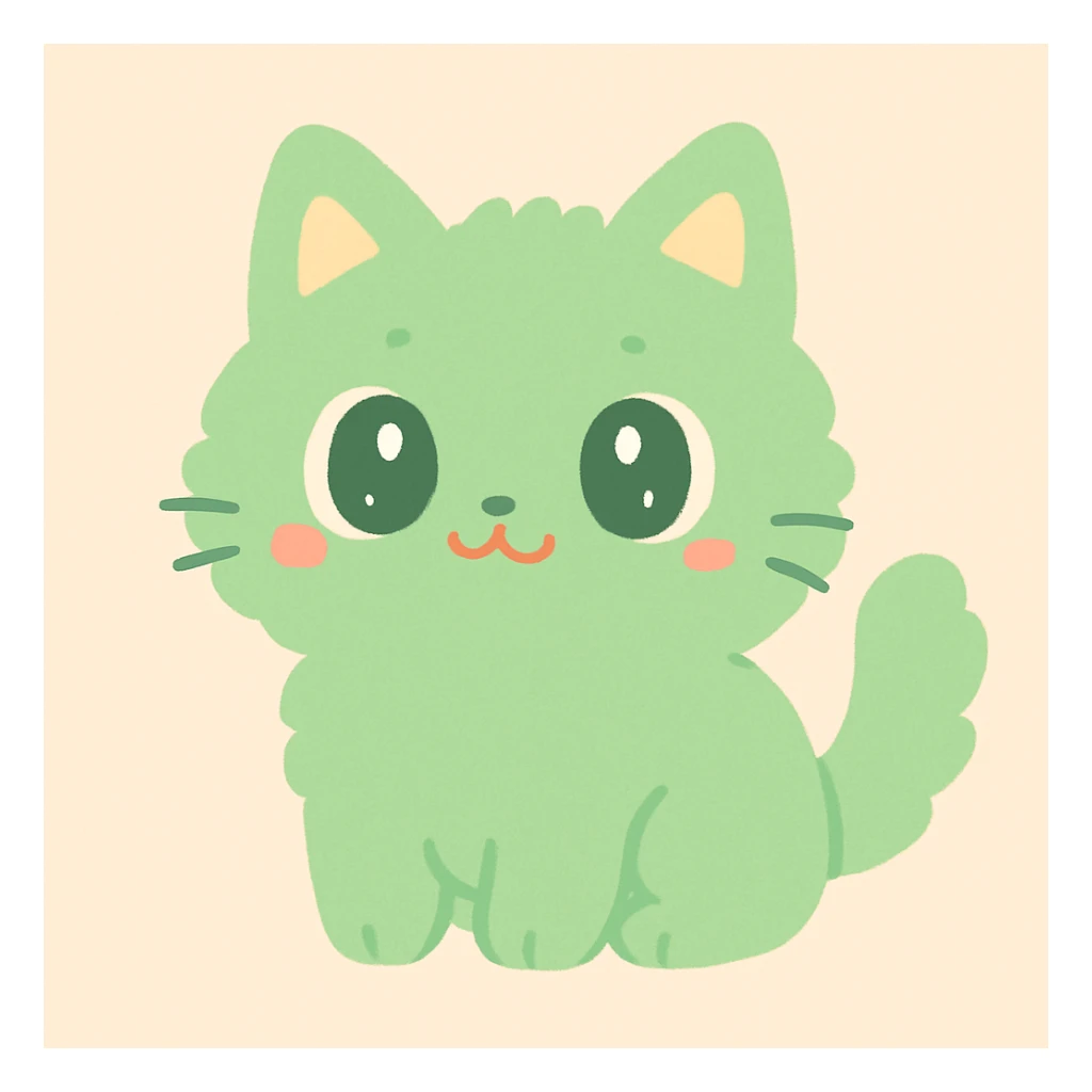green fuzzy cute cat, soft fur, big eyes, playful expression, adorable, simple background sticker