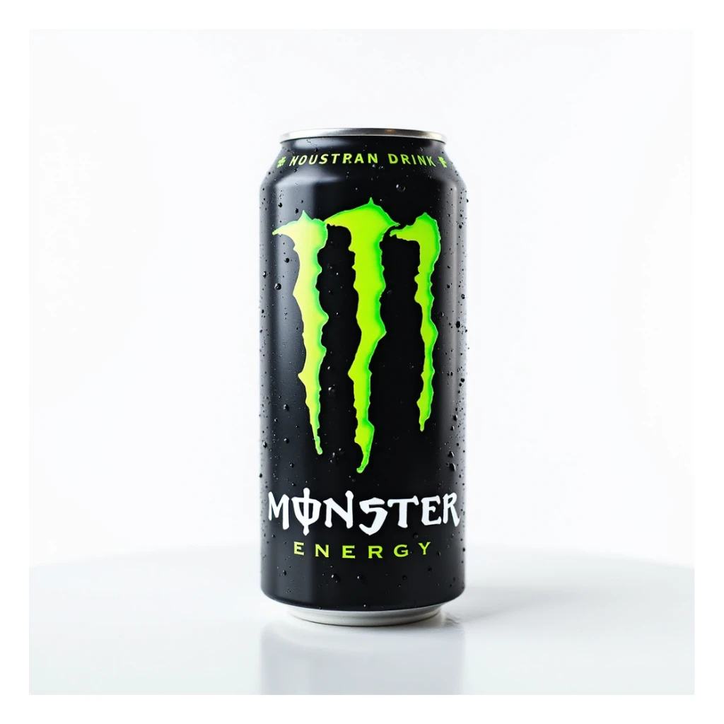 photorealistic monster energy drink can on a white background with metallic texture, neon green logo, condensation droplets sticker